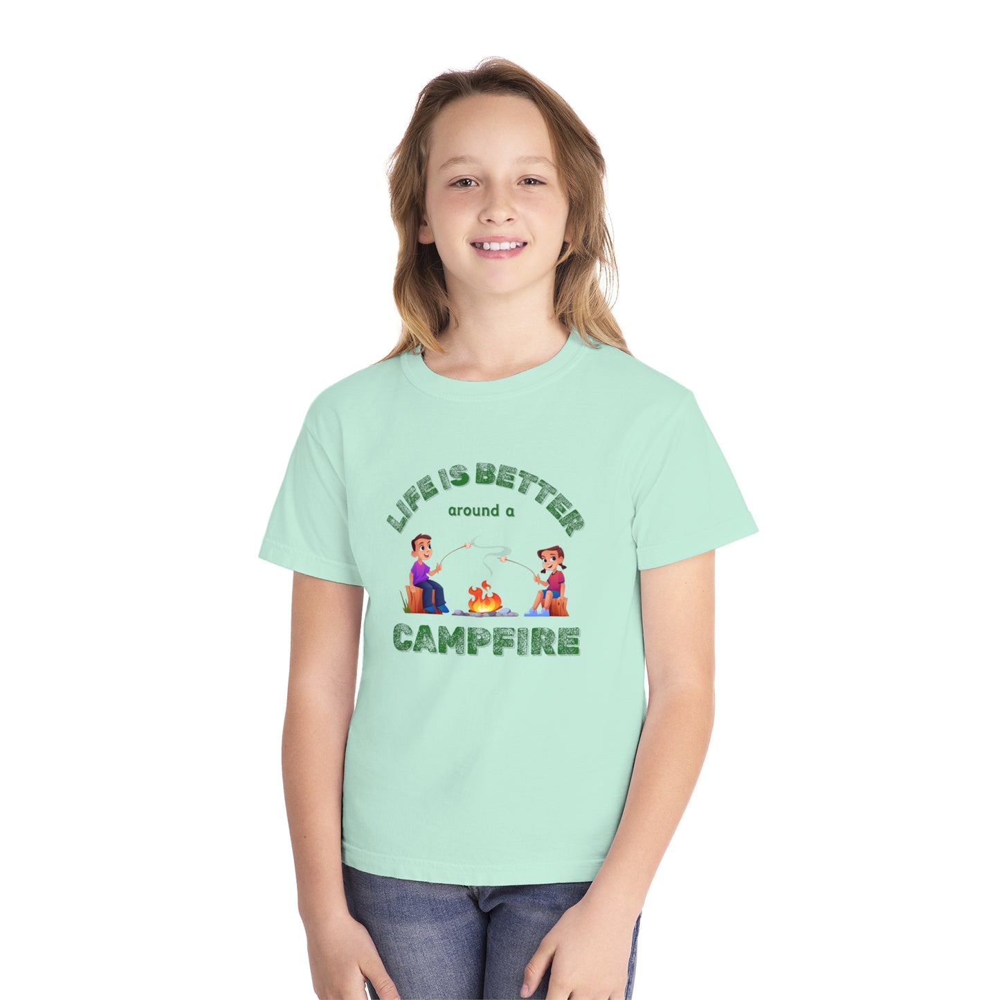 Life Is Better...Campfire (green ink) Youth Midweight Tee