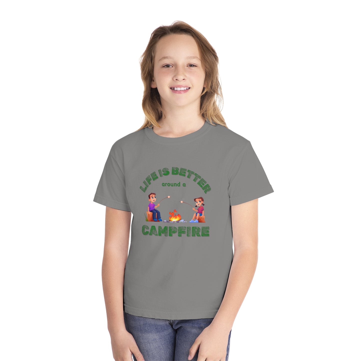 Life Is Better...Campfire (green ink) Youth Midweight Tee